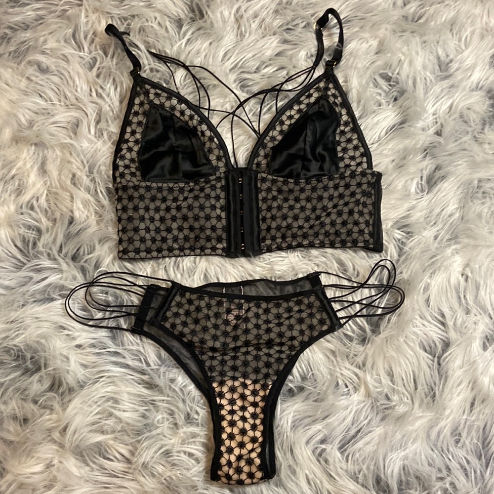 NWOT Victorias Secret black, sheer starburst bustier bra top with matching panty